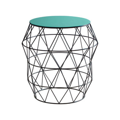Black Geometric Metal Wireframe Side Table With Green Enamel Top, Corina