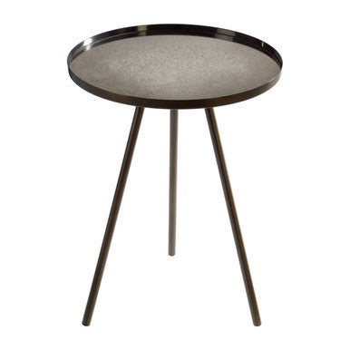 Black Iron Metal Splayed Legs Side Table With Round Weathered Antique Glass Top, Corra
