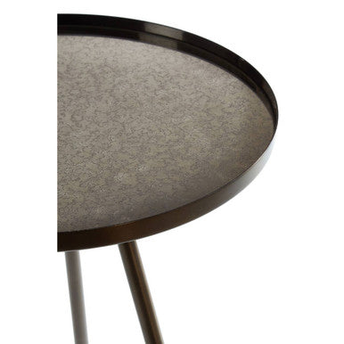 Black Iron Metal Splayed Legs Side Table With Round Weathered Antique Glass Top, Corra