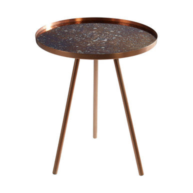 Matte Copper Weathered Side Table With Round Antique Glass Top & Splayed Legs, Corra