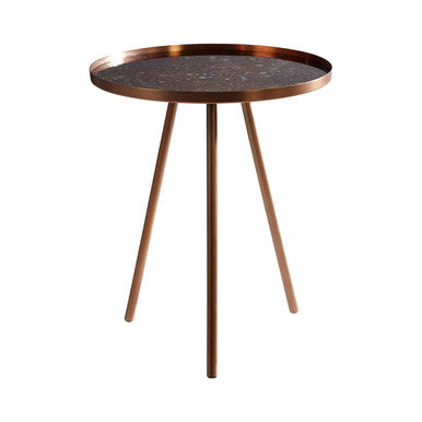 Matte Copper Weathered Side Table With Round Antique Glass Top & Splayed Legs, Corra