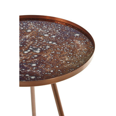 Matte Copper Weathered Side Table With Round Antique Glass Top & Splayed Legs, Corra