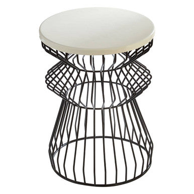White Top Round Side Table With Black Iron Wire Curved Openwork Base, Corina
