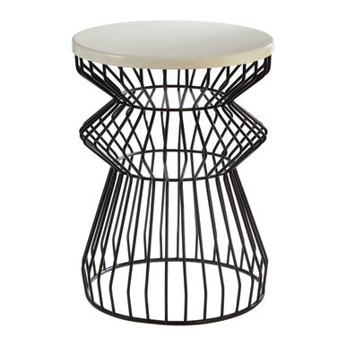 White Top Round Side Table With Black Iron Wire Curved Openwork Base, Corina