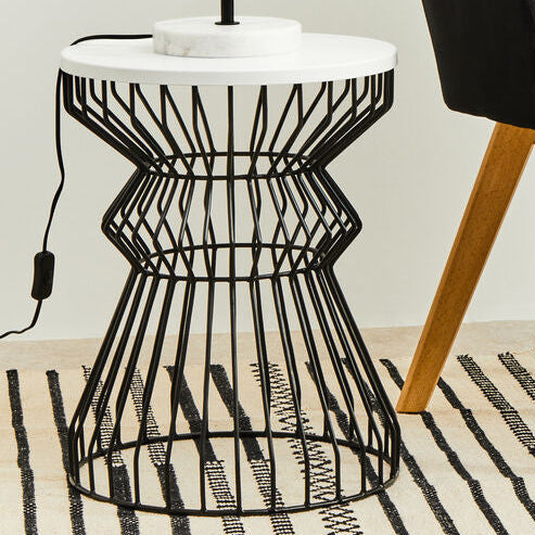 White Top Round Side Table With Black Iron Wire Curved Openwork Base, Corina