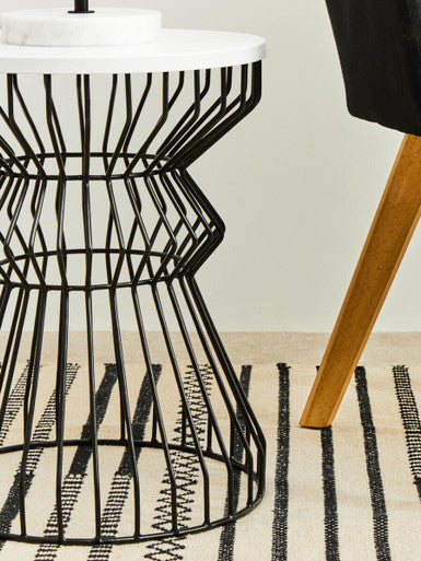 White Top Round Side Table With Black Iron Wire Curved Openwork Base, Corina