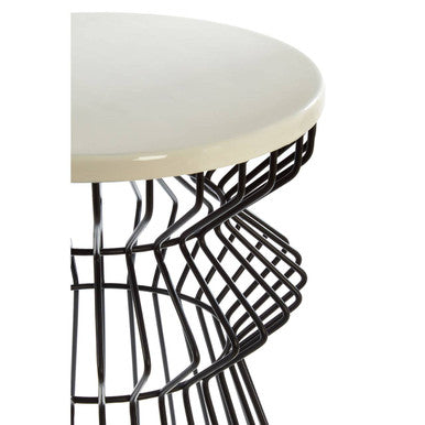 White Top Round Side Table With Black Iron Wire Curved Openwork Base, Corina