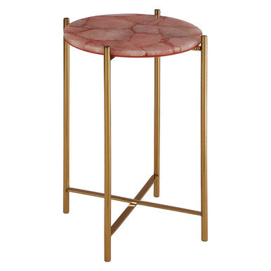 Gold & Pink Quartz Top Side Table With Gold Steel Cross Base, Vita