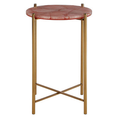 Gold & Pink Quartz Top Side Table With Gold Steel Cross Base, Vita