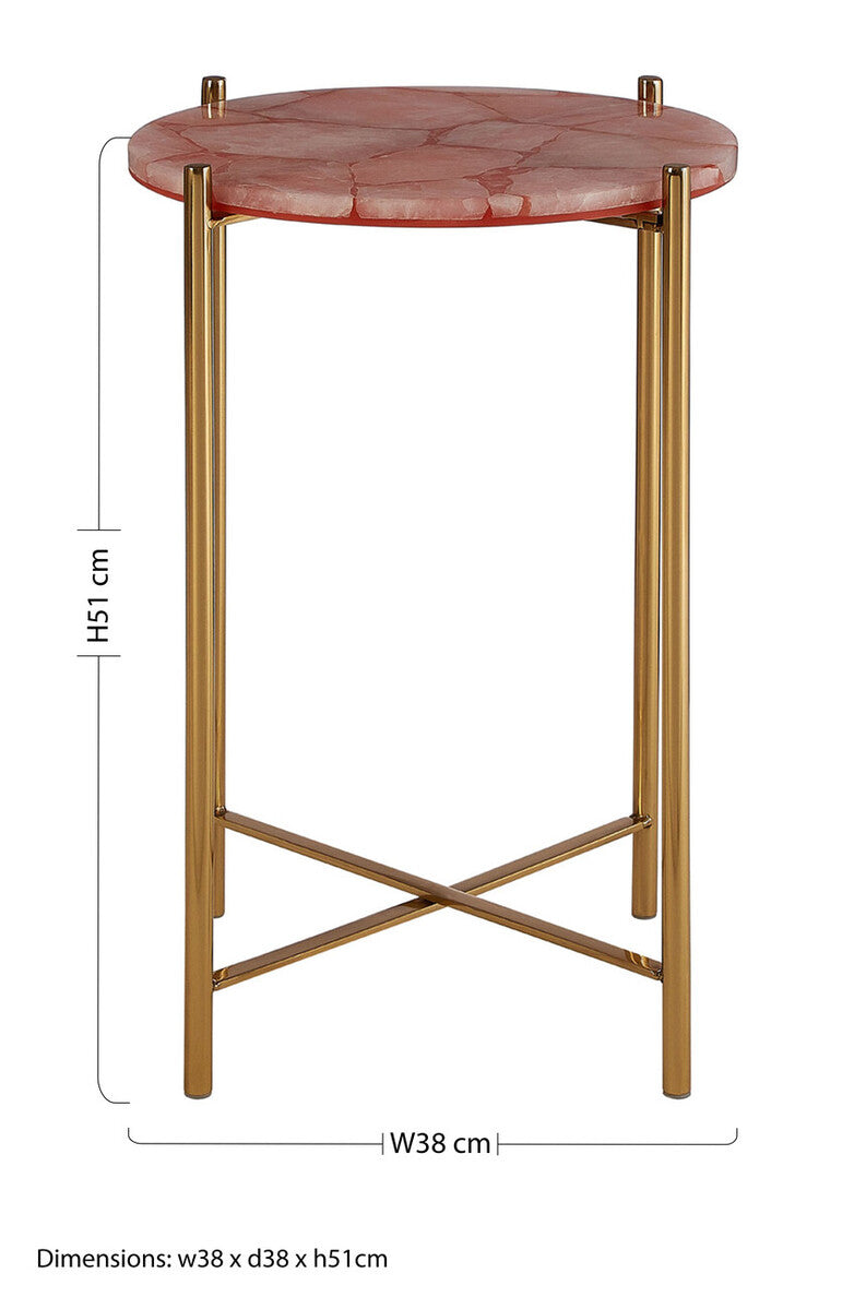 Gold & Pink Quartz Top Side Table With Gold Steel Cross Base, Vita