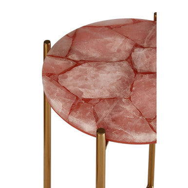 Gold & Pink Quartz Top Side Table With Gold Steel Cross Base, Vita