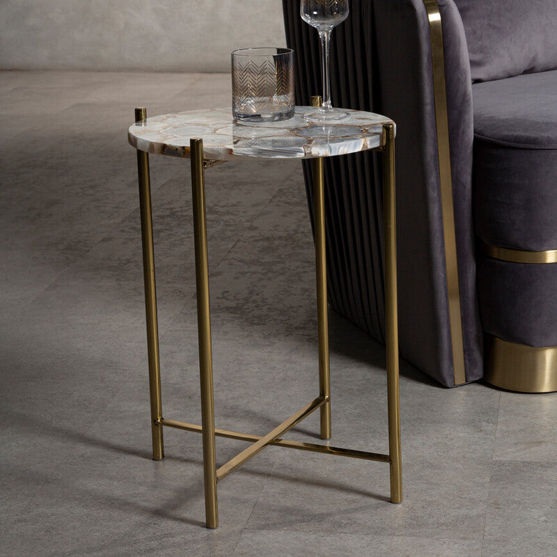 Natural & Gold Agate Top Side Table With Gold Steel Cross Base, Vita