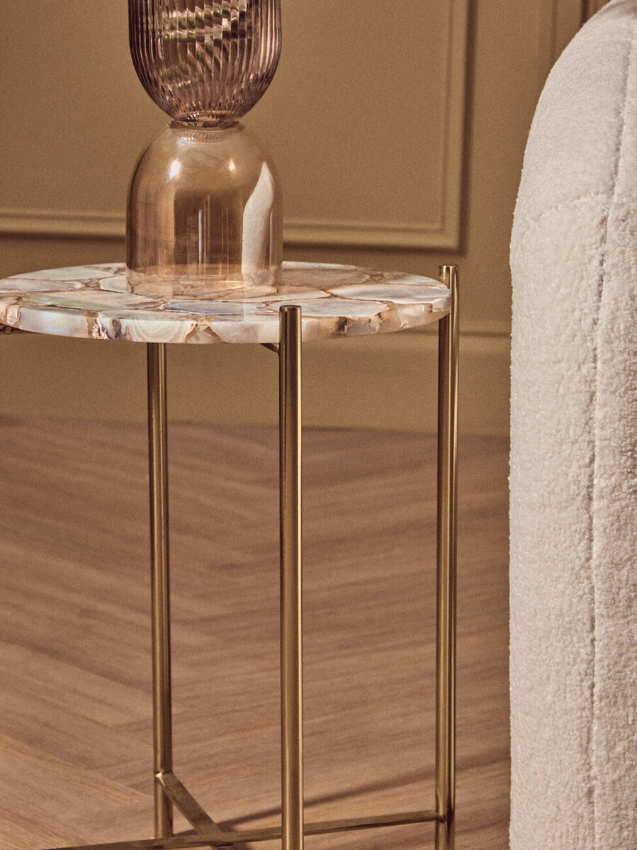 Natural & Gold Agate Top Side Table With Gold Steel Cross Base, Vita