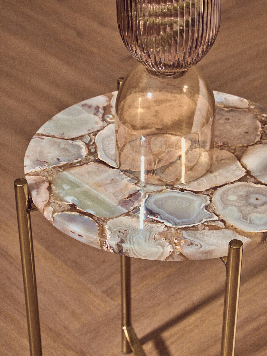 Natural & Gold Agate Top Side Table With Gold Steel Cross Base, Vita