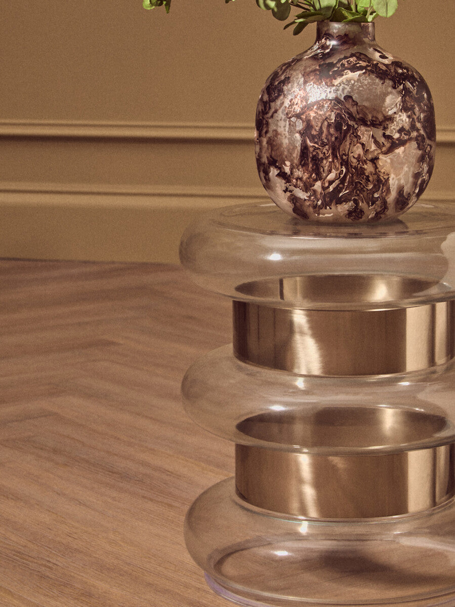 Gold Side Table With Clear Circular Glass Sides & Steel Frame, Margot