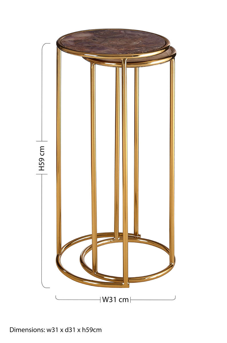 Amethyst Top Set Of 2 Nesting Side Tables With Reflective Gold Metal Frame, Vita