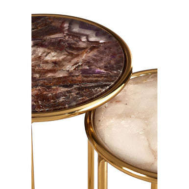 Amethyst Top Set Of 2 Nesting Side Tables With Reflective Gold Metal Frame, Vita