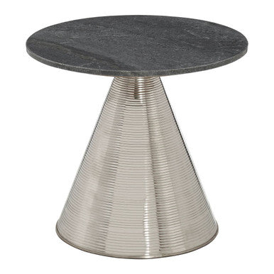 Grey Marble Top Side Table With Metal Silver Textured Base, Martini
