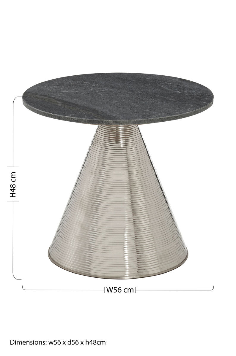 Grey Marble Top Side Table With Metal Silver Textured Base, Martini