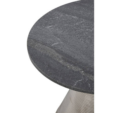 Grey Marble Top Side Table With Metal Silver Textured Base, Martini