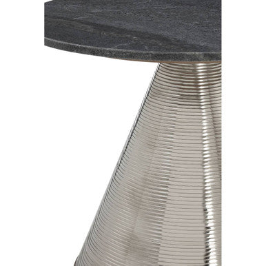 Grey Marble Top Side Table With Metal Silver Textured Base, Martini