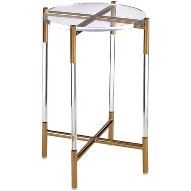 Round Clear Acrylic Side Table With Gold Steel Cross Base, Miley