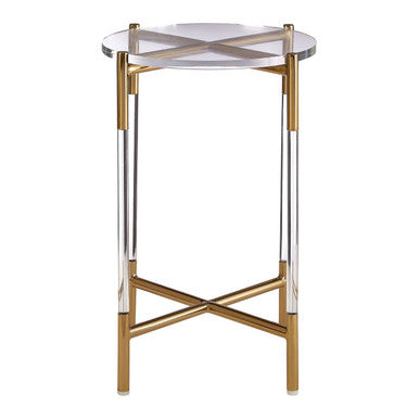 Round Clear Acrylic Side Table With Gold Steel Cross Base, Miley