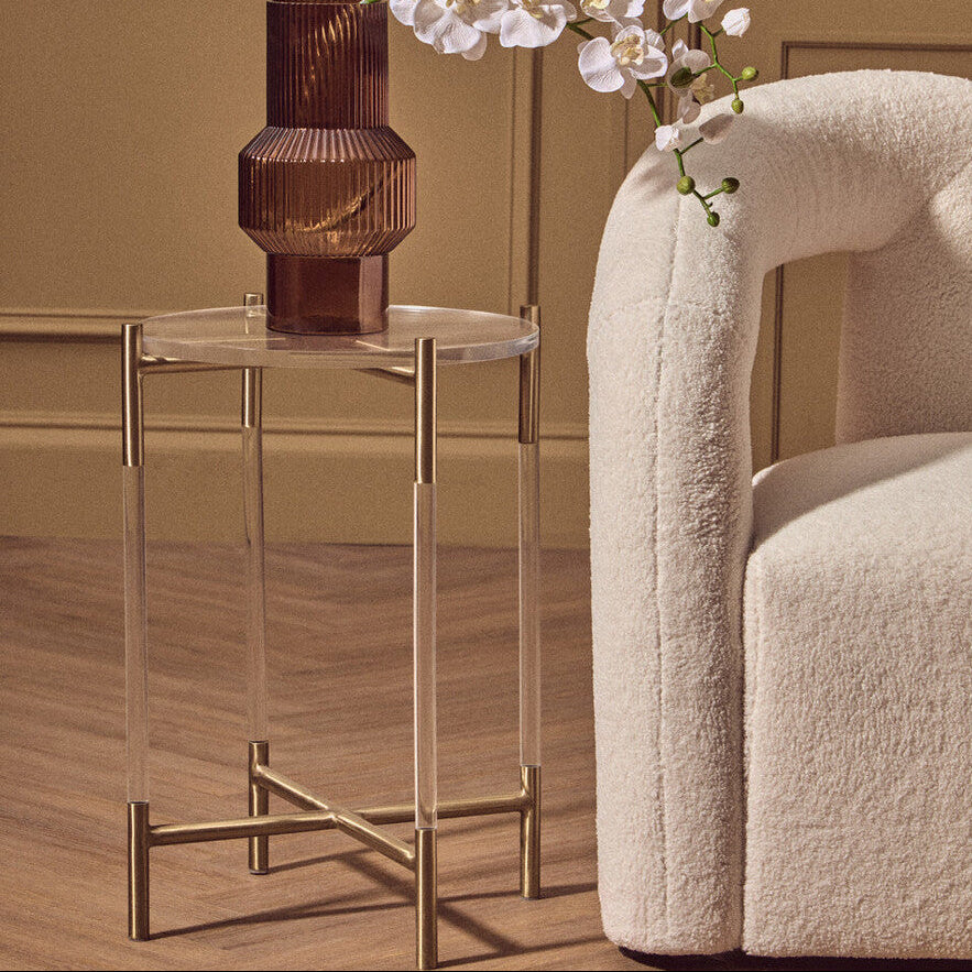 Round Clear Acrylic Side Table With Gold Steel Cross Base, Miley