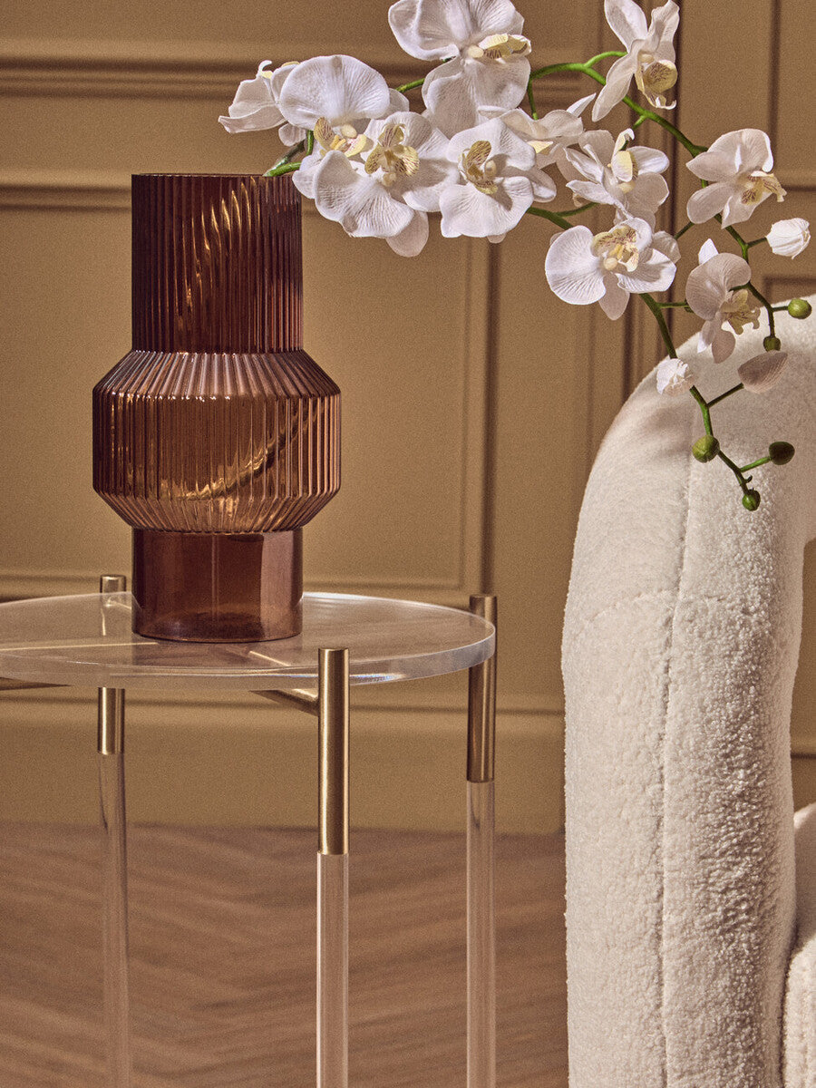 Round Clear Acrylic Side Table With Gold Steel Cross Base, Miley