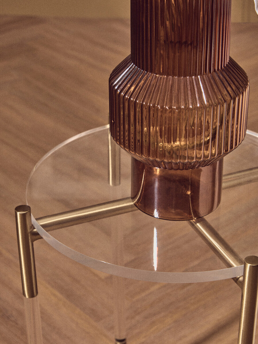 Round Clear Acrylic Side Table With Gold Steel Cross Base, Miley