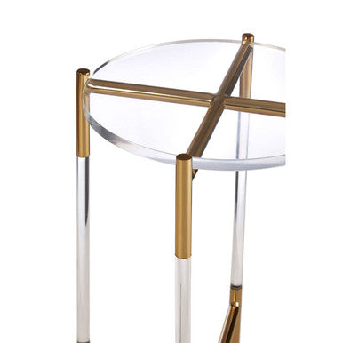 Round Clear Acrylic Side Table With Gold Steel Cross Base, Miley