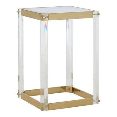 Clear Mirrored Top Side Table With Clear Acrylic Legs & Gold Frame, Miley