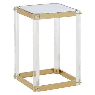 Clear Mirrored Top Side Table With Clear Acrylic Legs & Gold Frame, Miley