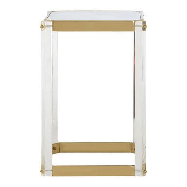 Clear Mirrored Top Side Table With Clear Acrylic Legs & Gold Frame, Miley