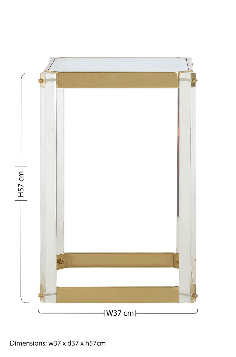 Clear Mirrored Top Side Table With Clear Acrylic Legs & Gold Frame, Miley