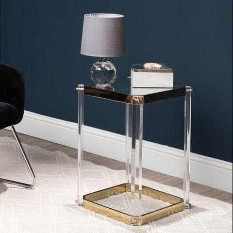 Clear Mirrored Top Side Table With Clear Acrylic Legs & Gold Frame, Miley