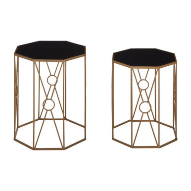 Set Of 2 Black Glass Hexagon End Tables With Copper Metal Cross Frame Base, Trento
