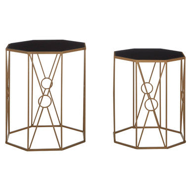 Set Of 2 Black Glass Hexagon End Tables With Copper Metal Cross Frame Base, Trento