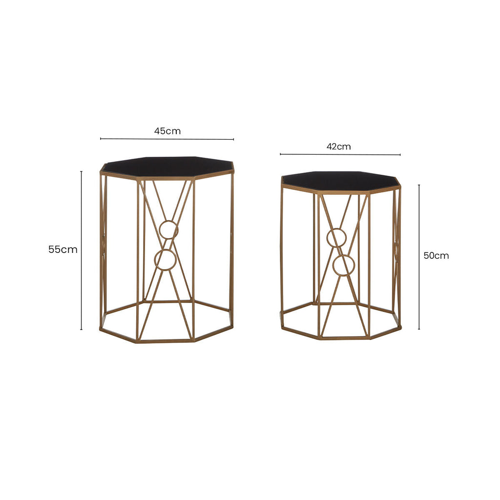 Set Of 2 Black Glass Hexagon End Tables With Copper Metal Cross Frame Base, Trento