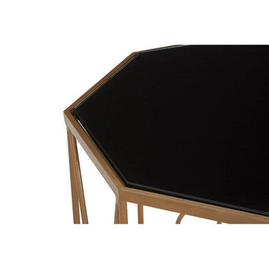 Set Of 2 Black Glass Hexagon End Tables With Copper Metal Cross Frame Base, Trento
