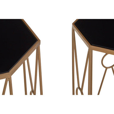 Set Of 2 Black Glass Hexagon End Tables With Copper Metal Cross Frame Base, Trento