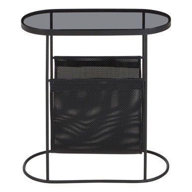Grey Glass Top Side Table With Black Metal Frame & Hanging Mesh Shelf, Trento