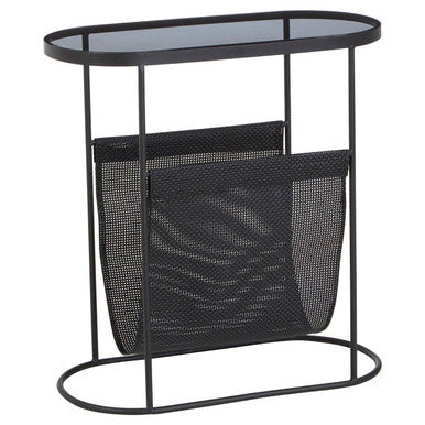 Grey Glass Top Side Table With Black Metal Frame & Hanging Mesh Shelf, Trento