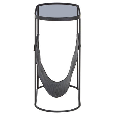 Grey Glass Top Side Table With Black Metal Frame & Hanging Mesh Shelf, Trento