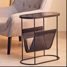 Grey Glass Top Side Table With Black Metal Frame & Hanging Mesh Shelf, Trento