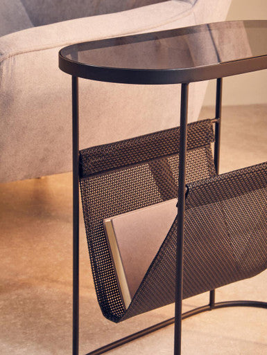 Grey Glass Top Side Table With Black Metal Frame & Hanging Mesh Shelf, Trento