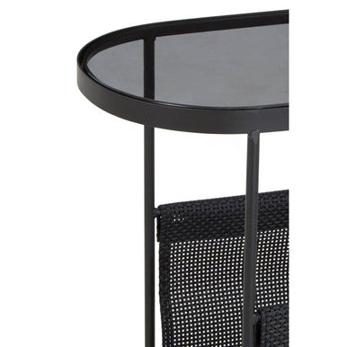 Grey Glass Top Side Table With Black Metal Frame & Hanging Mesh Shelf, Trento