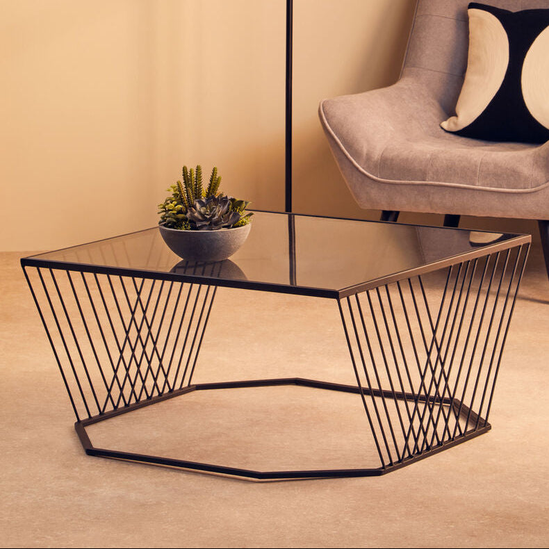 Grey Glass Top Coffee Table With Black Wireframe Design, Trento