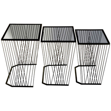 Set Of 3 Smoky Grey Glass Tops Nesting Side Tables With Black Metal Wire Frames, Trento