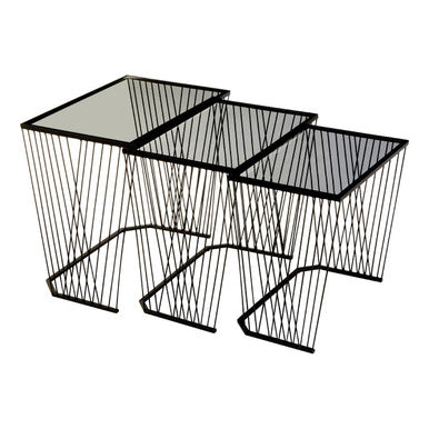 Set Of 3 Smoky Grey Glass Tops Nesting Side Tables With Black Metal Wire Frames, Trento